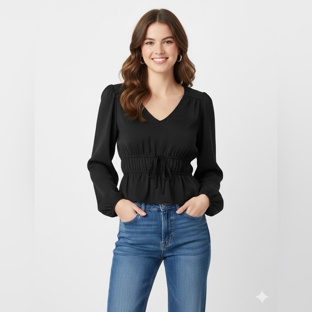 Hippie Rose Black V-Neck Blouse with Tie Waist